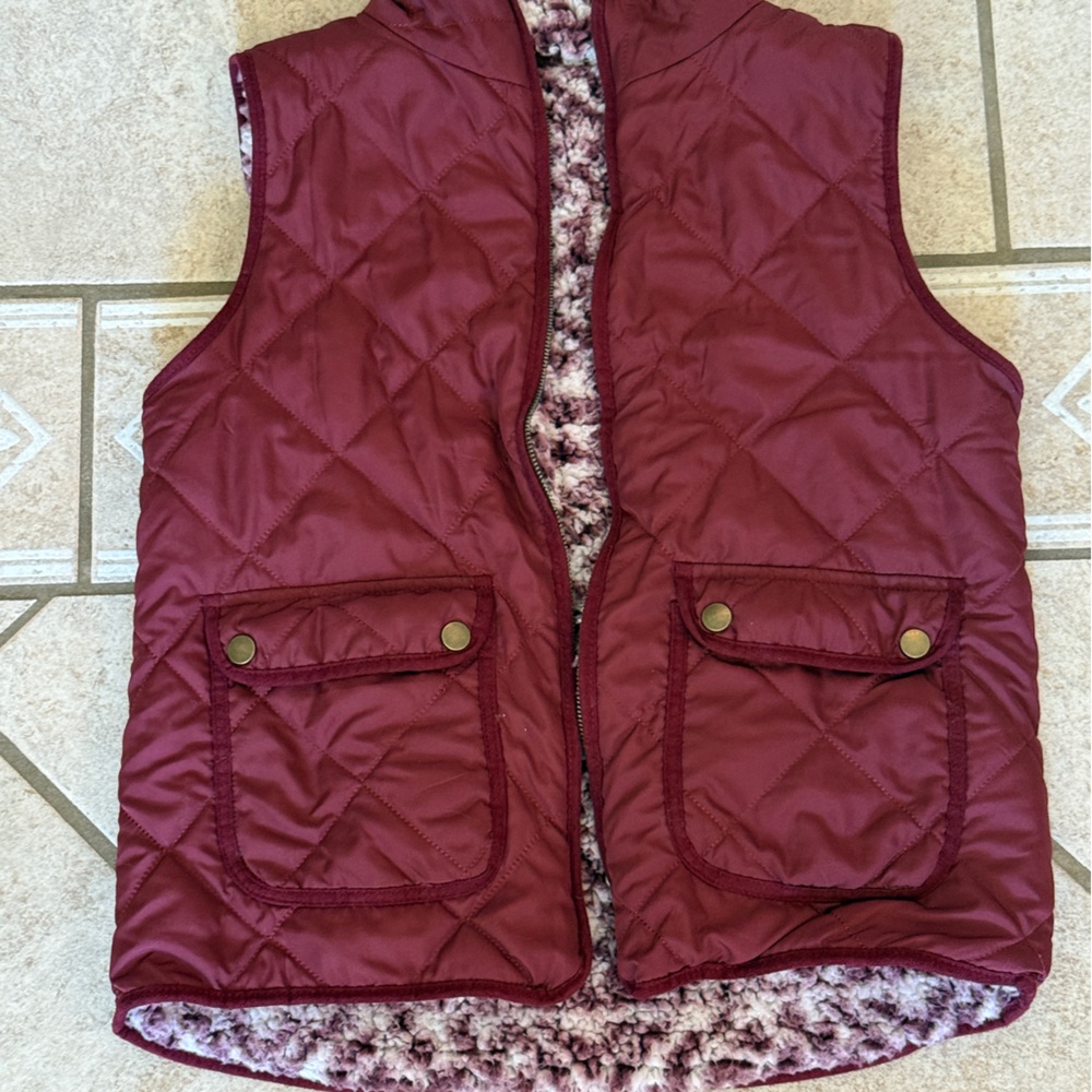 Quilted Burgundy Puffer Vest with Plush Lining - Reversible! Like new!